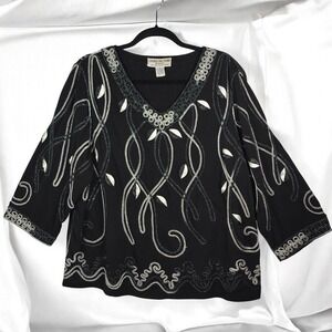 VTG Lauren Michelle Top Woman Black V Neck 3X Embroidered Beaded 3/4 Sleeve